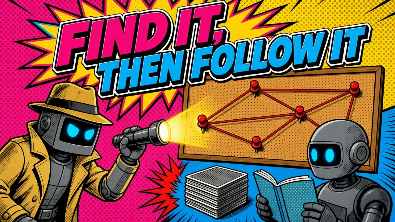 Comic panel of a detective robot shining a flashlight on a corkboard of pins connected by red string