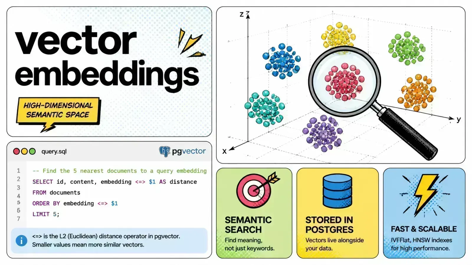 A multi-dimensional vector embedding space with clustered points