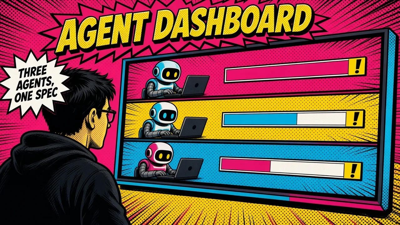AI agent dashboard showing several agents working in parallel on implementation, testing, and refactoring tasks