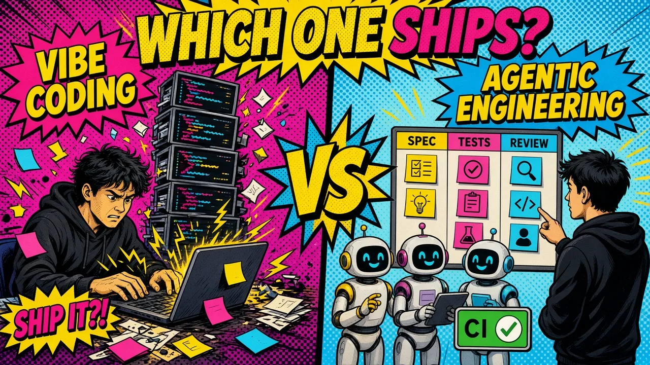 Pop-art comparison of messy vibe-coded scribbles on one side and a structured engineering blueprint on the other