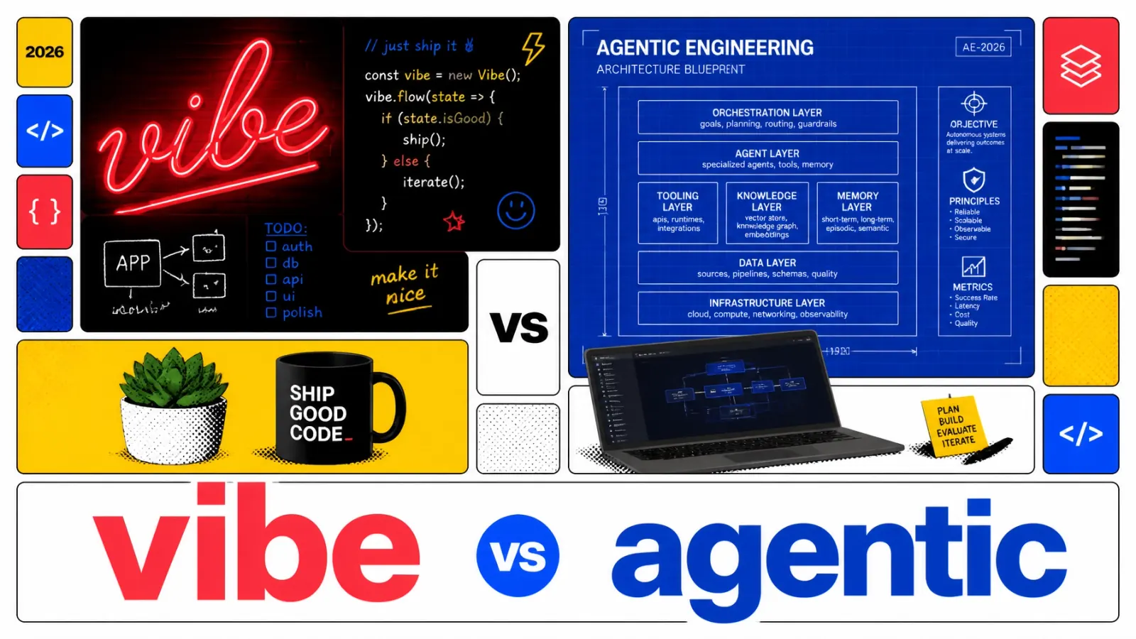 Pop-art comparison of messy vibe-coded scribbles on one side and a structured engineering blueprint on the other