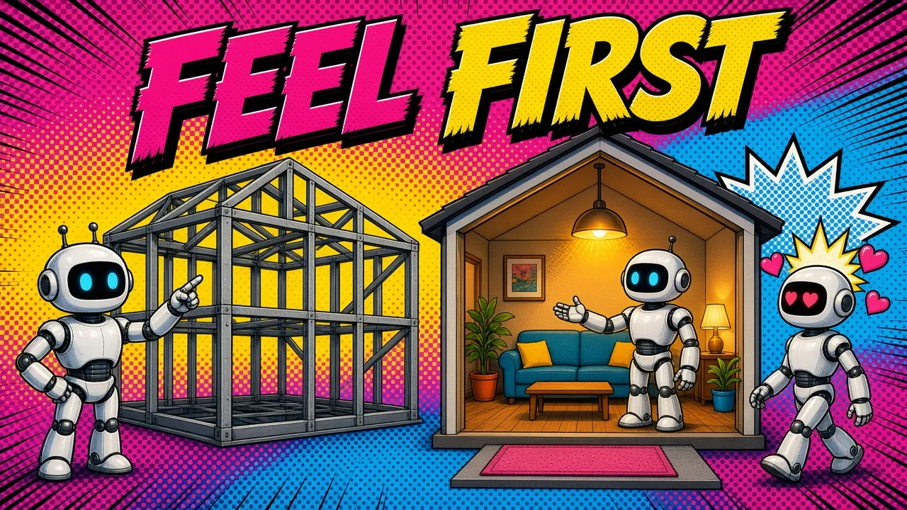 Comic panel of a robot pointing at a bare steel house frame while another robot welcomes visitors into a cozy lit room with a sofa and plants, and a third robot looks on with heart eyes