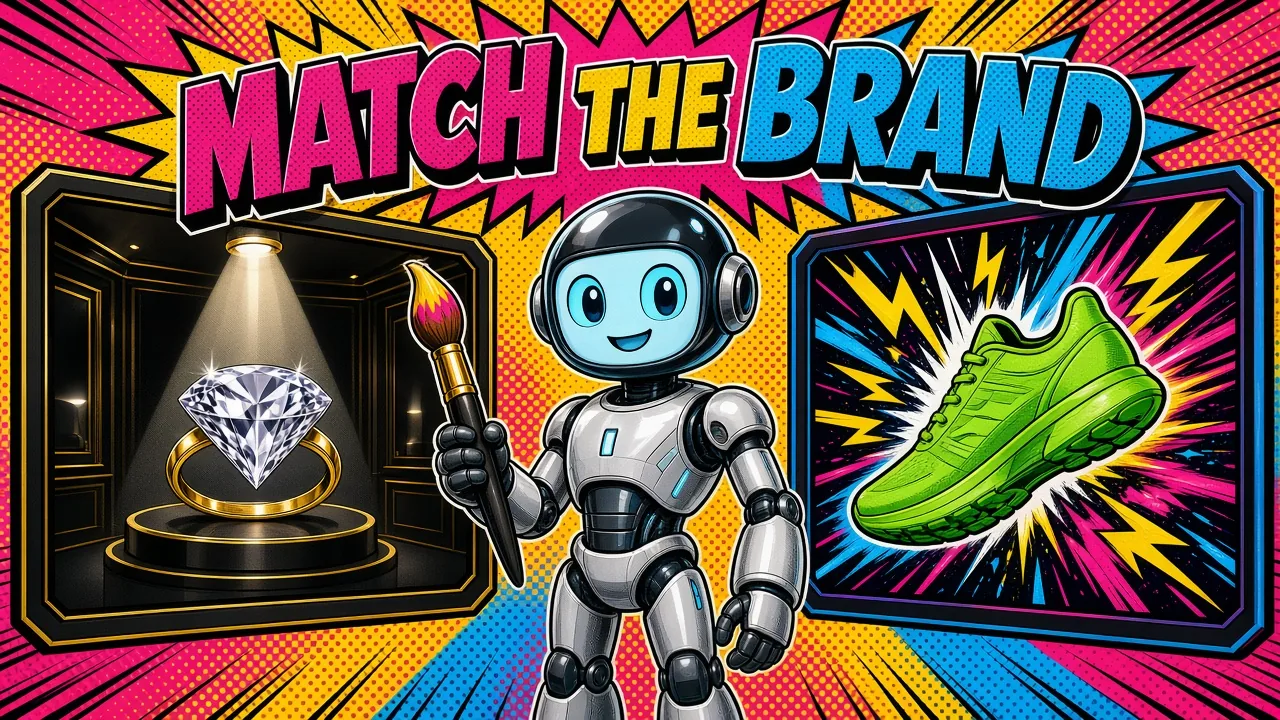 Comic panel of a smiling robot holding a paintbrush between a dark jewelry display with a spotlit diamond ring and a bright panel with a lime green running shoe and lightning bolts