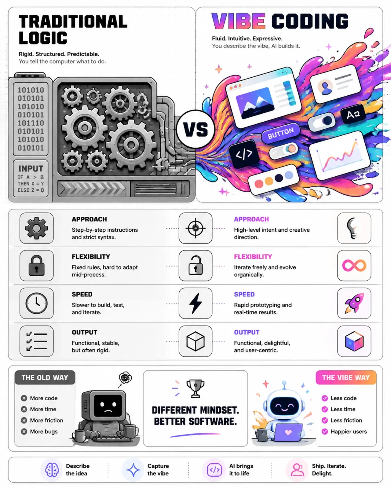 Side-by-side illustration of cold logic vs warm vibe coding