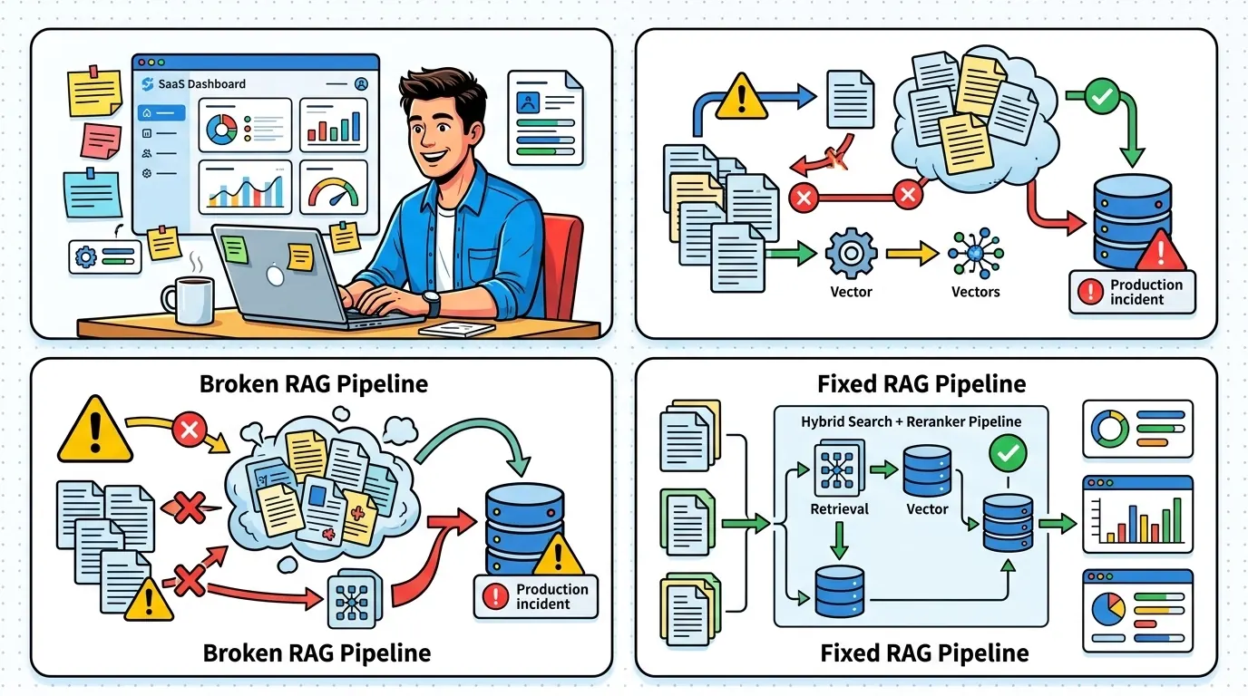 Pop-art illustration of a RAG pipeline breaking under production load