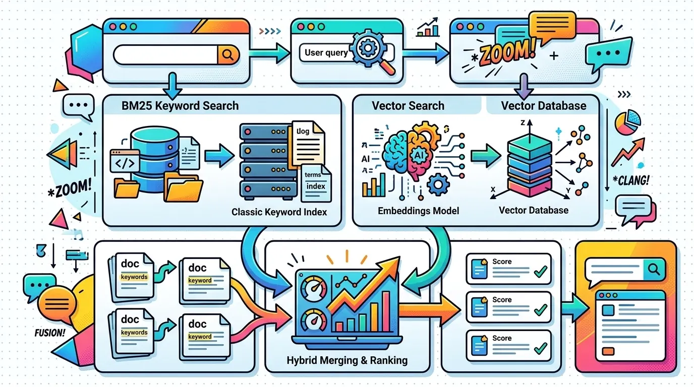 Hybrid search workflow combining vector and BM25 retrieval