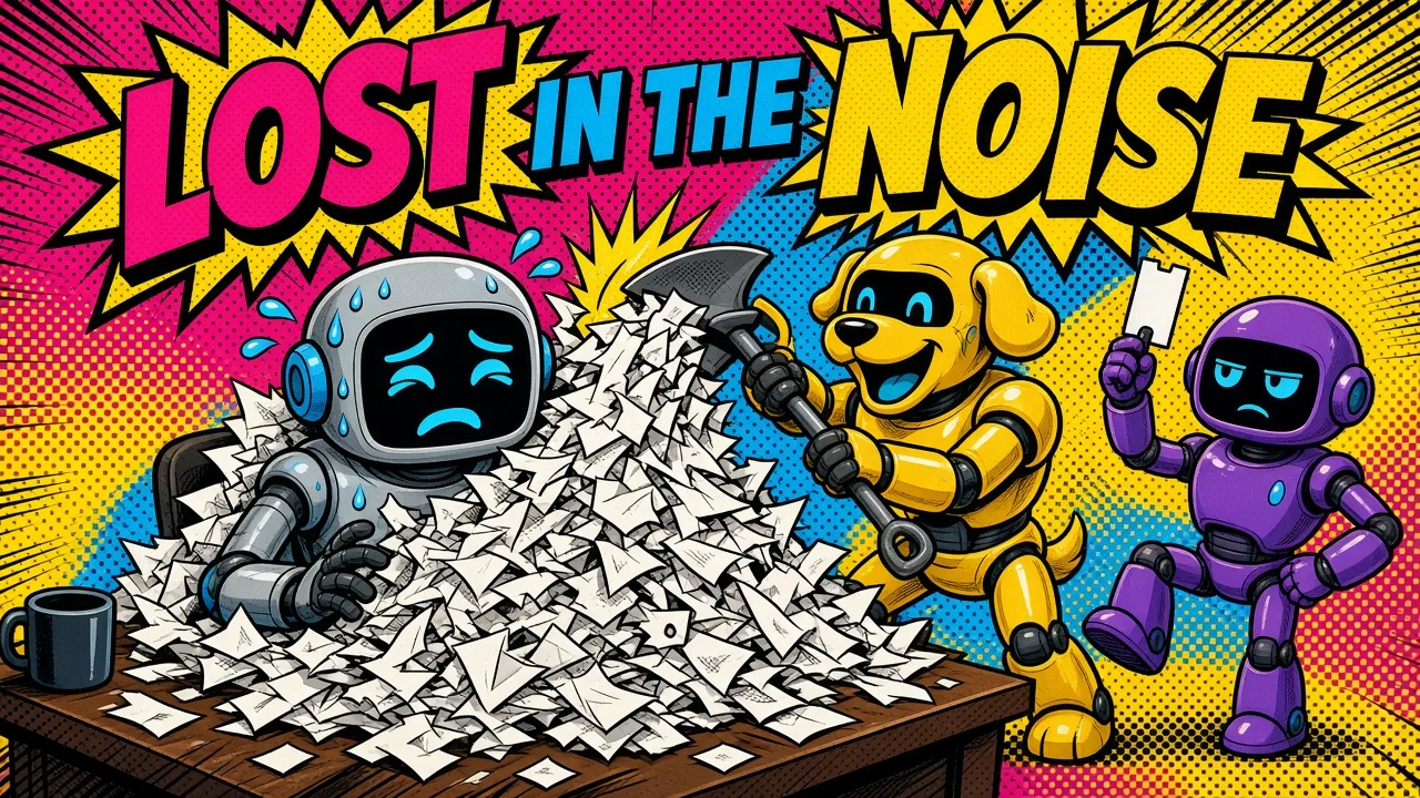 Comic panel of a sweating grey robot at a desk buried in paper scraps that a grinning yellow dog-like robot shovels onto it, while a purple robot holds up a ticket and waits