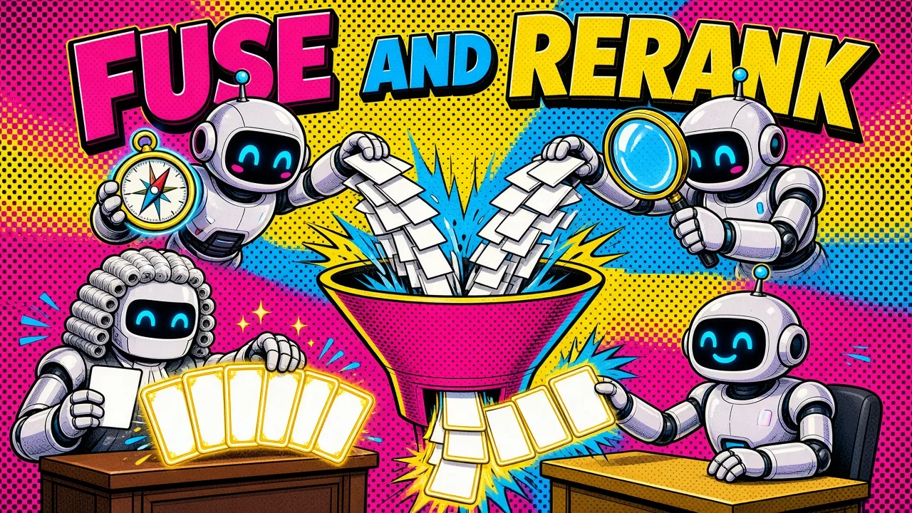 Comic panel of a robot with a compass and a robot with a magnifying glass pouring result cards into a pink funnel, while a judge robot in a white wig holds up the best cards