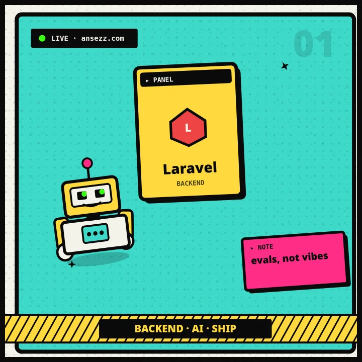 Ansezz comic hero: yellow robot with Laravel card snapped center
